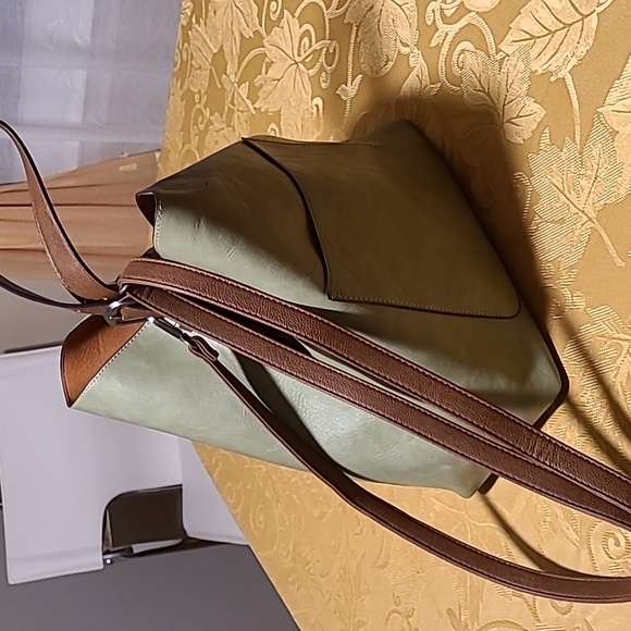 Handbags - Faux leather, sage green bag, with removable crossbody strap.
